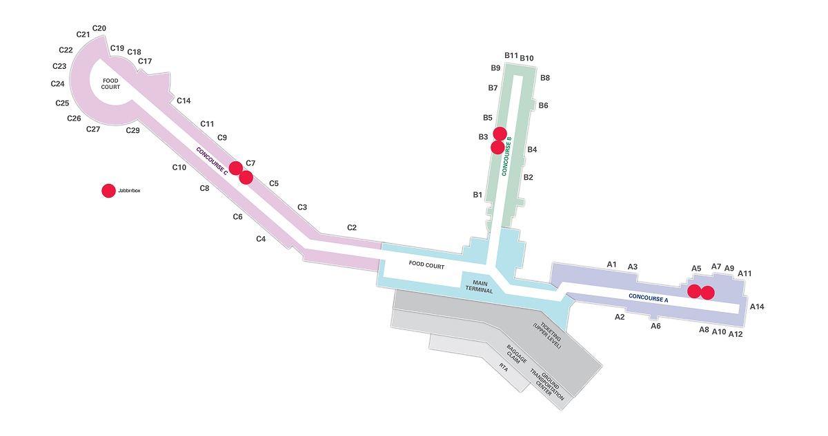 Map of the airport depicting the locations of each Jabbrrbox workspace. 2 are located by Gate A5. Another 2 are located by Gate B3. Another 2 are located by Gate C7.