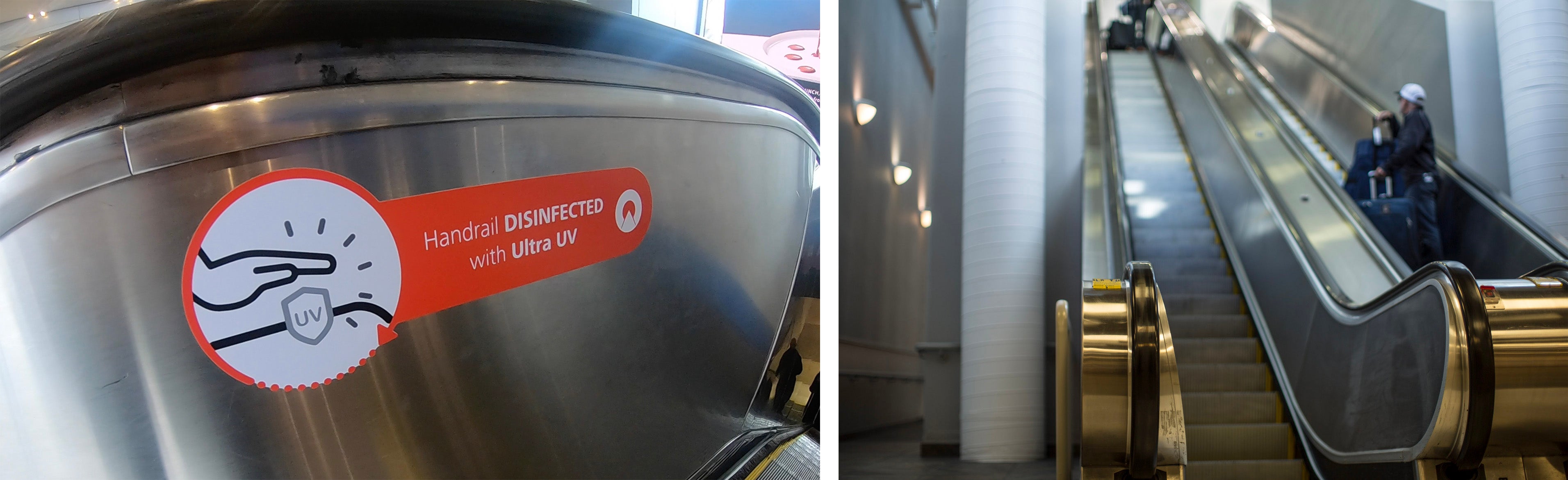 Photo of escalators and tag explaining "Handrail DISINFECTED with Ultra UV"