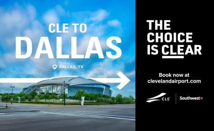 CLE to Dallas, TX - The choice is CLEar. Book now at ClevelandAirport.com, CLE and Southwest Logos